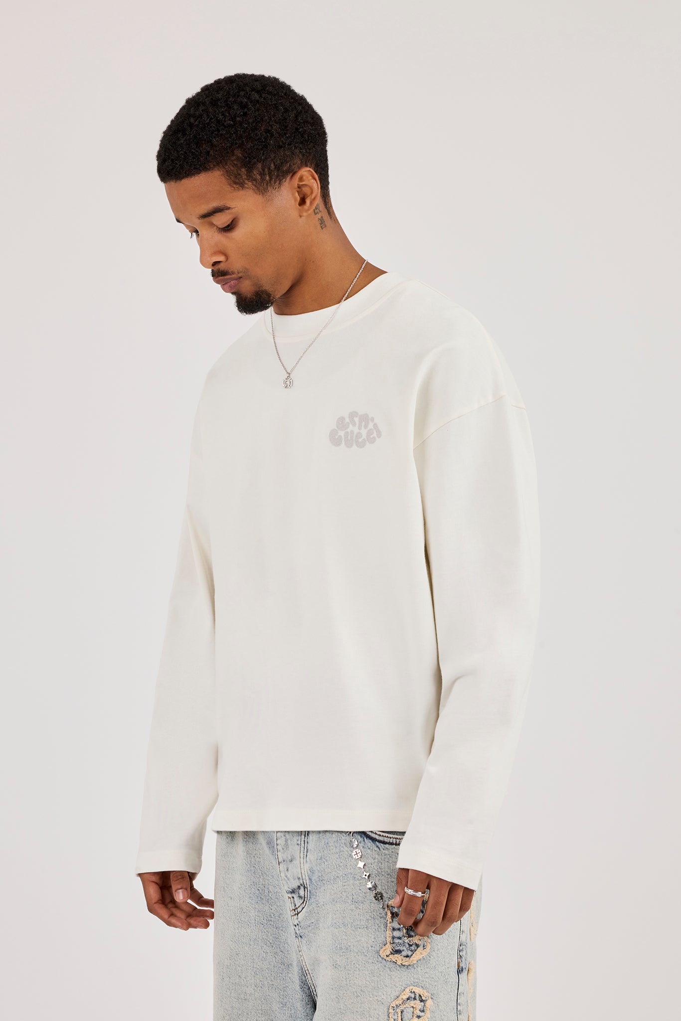 Long Sleeve Chain Stitch Boxy T-Shirt - Off White